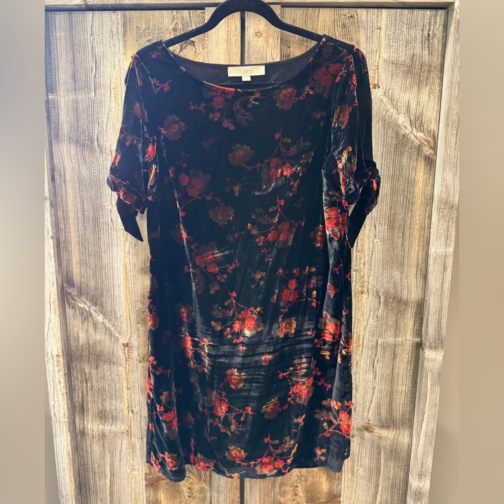 LOFT Velvet Dress with Red Floral Design